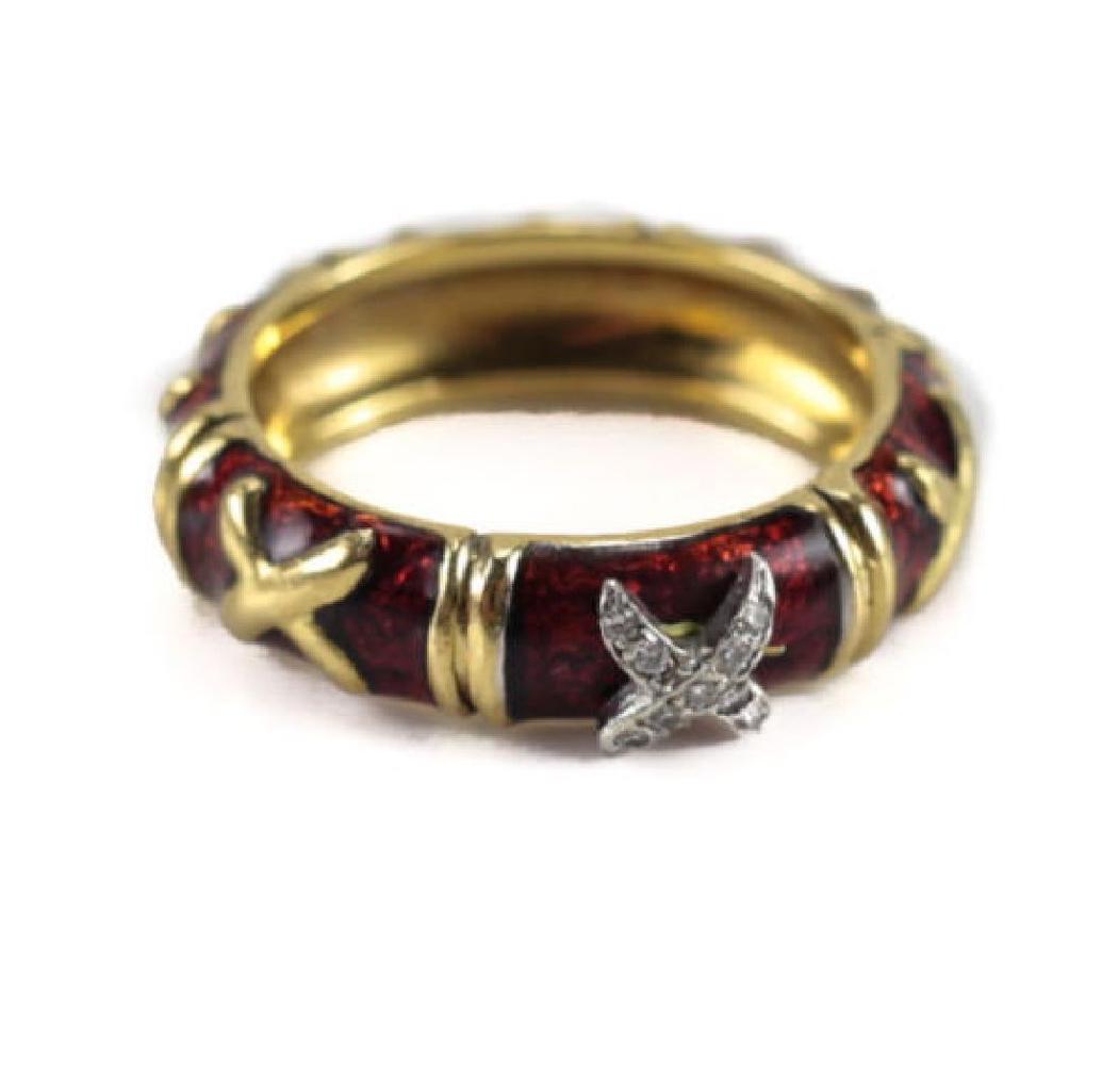 Hidalgo 18k Gold Diamond & Red Enamel "X" Band Ring (1 of 5)
