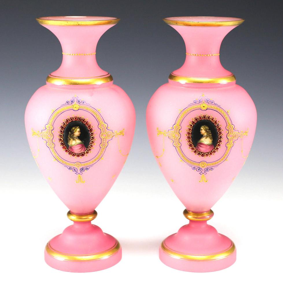 Pair of Victorian Pink Bristol Glass Portrait Vases (1 of 9)