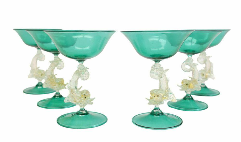 6 Venetian Green Glass Champagne Glasses, c1950 (1 of 3)