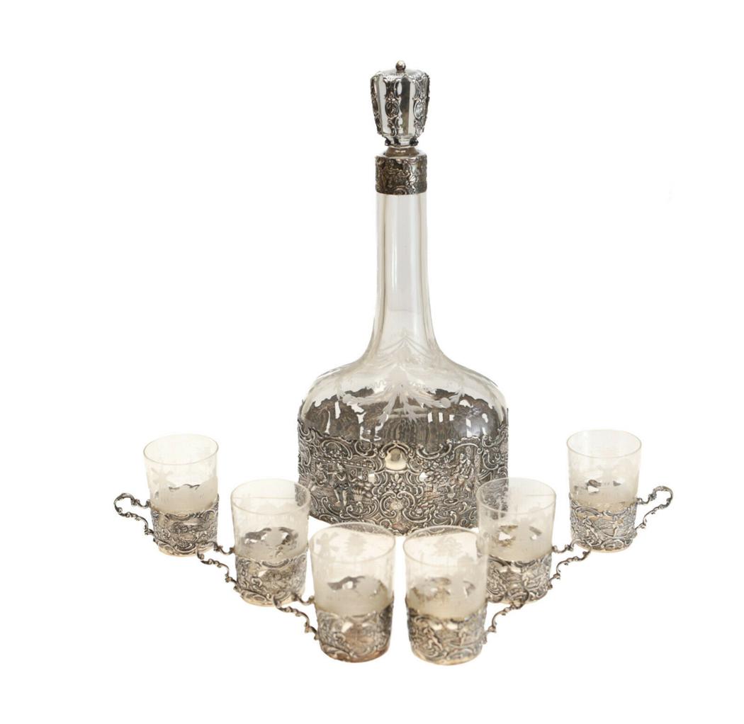 6 Mauser Sterling Silver Cups and Decanter, c1900 (1 of 6)