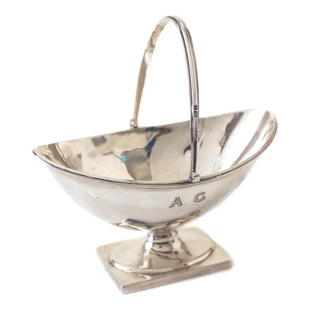Charles Stuart Harris Sterling Silver Nut Basket: Charles Stuart Harris London sterling silver footed nut basket, 1909. Modernist footed basket. Monogram "AG" to the front and hallmarks to the verso. Weight Approx., 5.37 ozt Measures Approx., 5.1 inc
