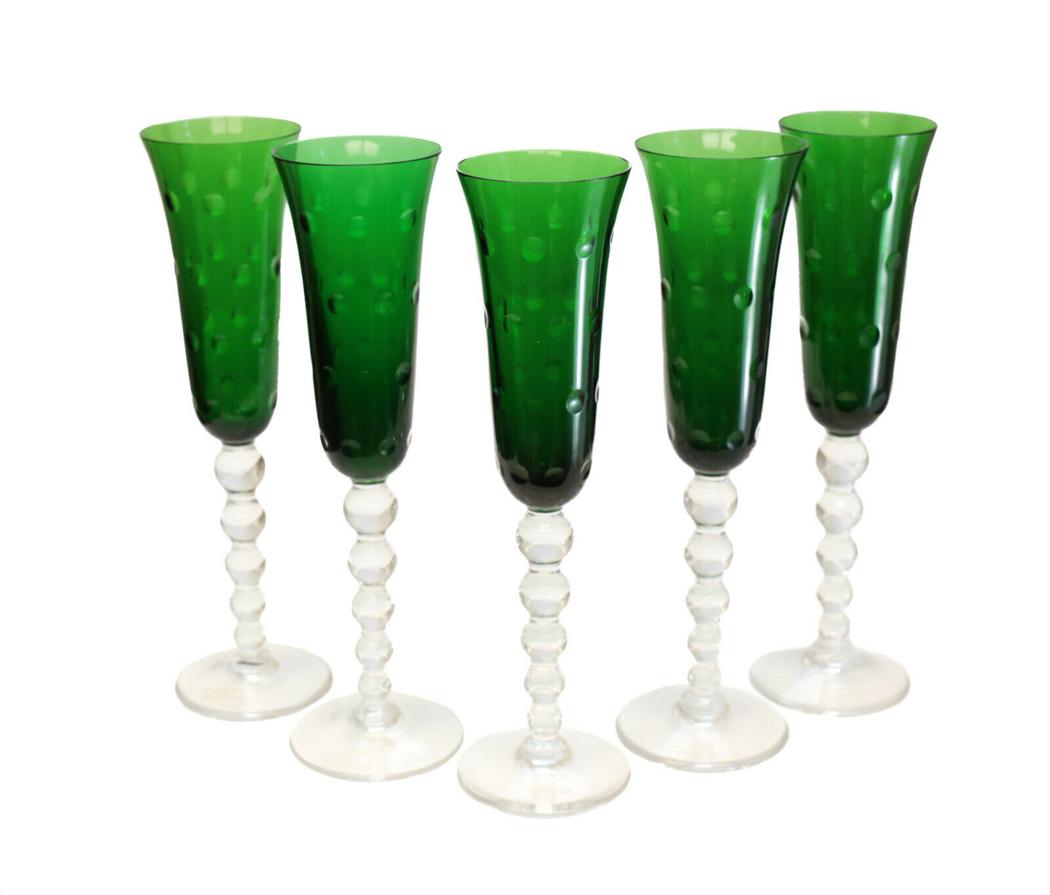 5 Saint (St) Louis Green Champagne Goblets in Bubbles (1 of 5)