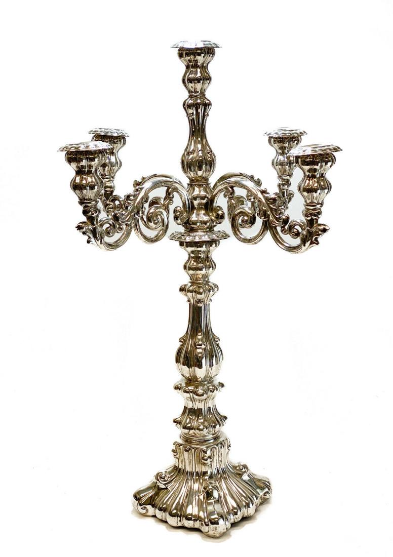 Continental Solid Silver 5-light Candelabra: A large Continental solid silver sterling silver 5-light candelabra. Beautiful baluster stem with hand chased foliate swirls to the branches. 5 lights to the branches and can be removed to be one tall