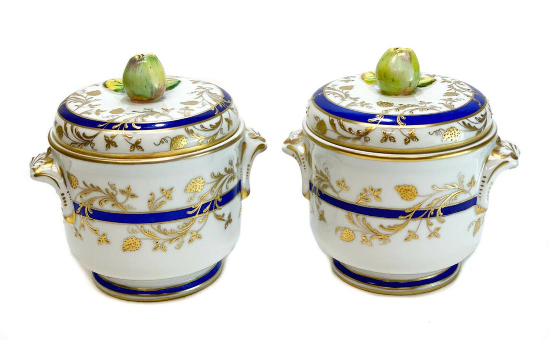 Pair Tiffany Private Stock Le Tallec Lidded Urns Jars: Pair Tiffany & Co. France Private Stock Le Tallec Lidded Urns Jars in , 1962. Gilt grapes to the exterior with cobalt blue bands to the base, central area, and to the rim. An upside down apple to the 