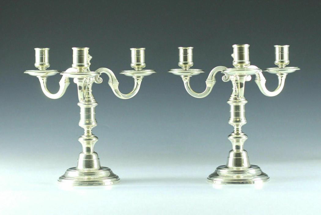 Pair Puiforcat Paris Silverplate Candleabras: Pair of Puiforcat, Paris Silver plate three light candelabras. Curved scroll branches, pans of wax. Elegant addition to your table d'hÃ´tes. Approximately, height 8.5 inches height x 4.125 inches di