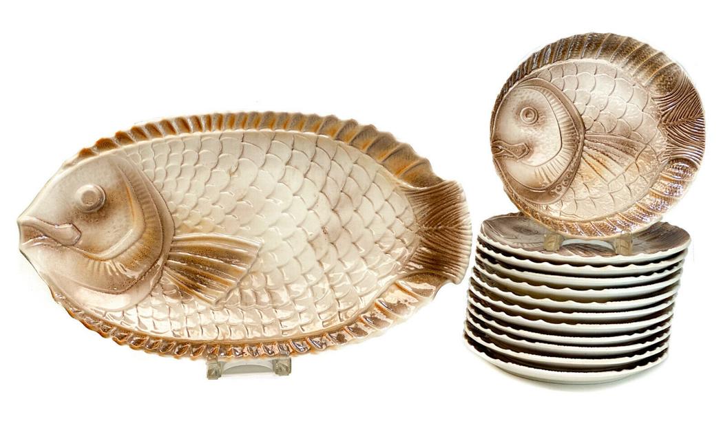 Sarreguemines French Brown Porcelain Fish Set for 12 (1 of 5)