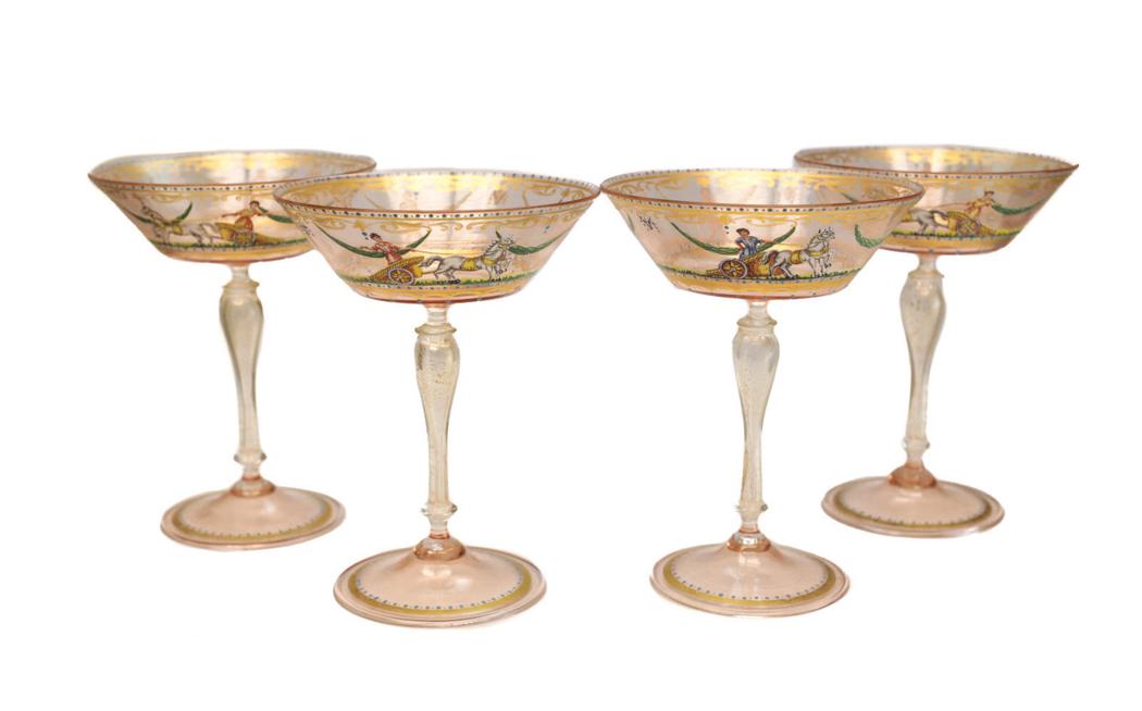 4 Venetian Champagne Goblets, Enameled Antquity Scenes (1 of 3)