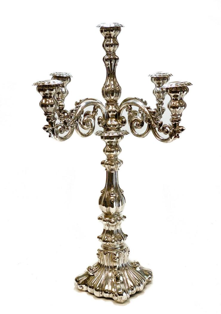Continental Solid Silver 5-light Candelabra: A large Continental solid silver sterling silver 5-light candelabra. Beautiful baluster stem with hand chased foliate swirls to the branches. 5 lights to the branches and can be removed to be one tall