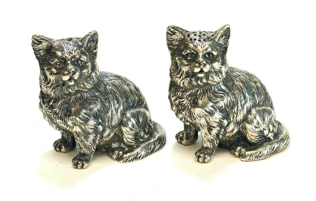 Pair German Solid Silver Cat Salt & Pepper Shakers (1 of 6)