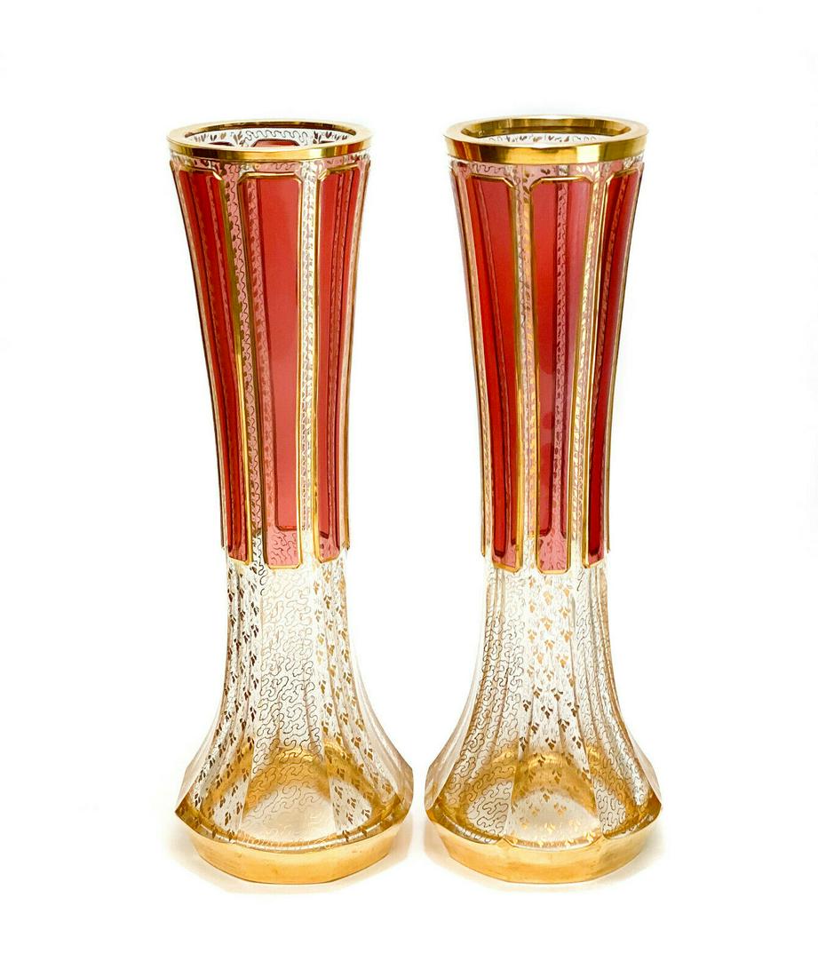 Pair Moser Cabochon Red to Clear Vases, Gilt Accents (1 of 4)