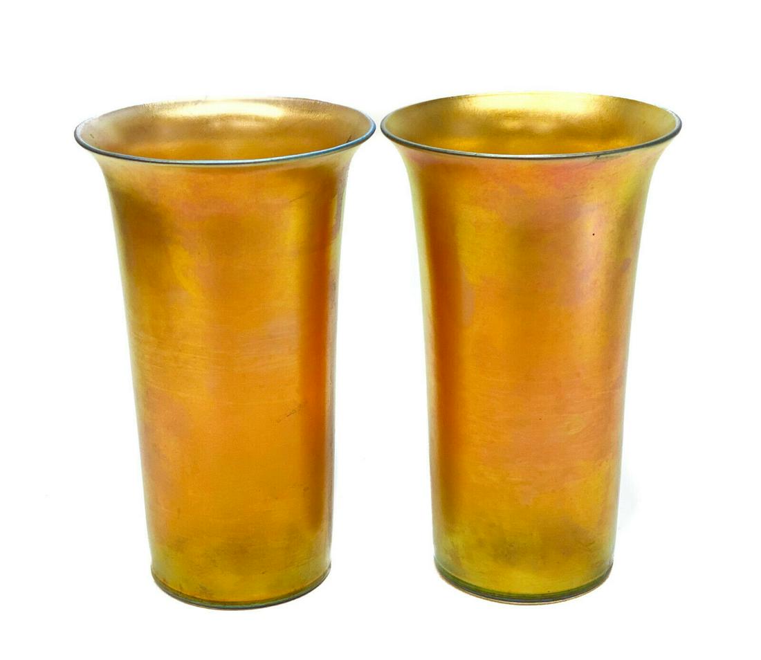 Pair Steuben Aurene Iridescent Glass Tall Vases (1 of 3)