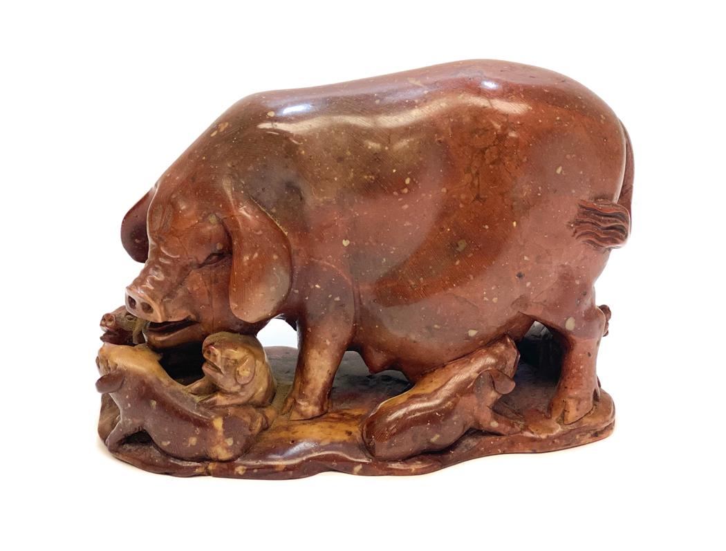Chinese Hand Carved Pig Figurine: An impressive and fine quality Chinese Hand Carved red stone sow & piglets sculpture. The figurine depicts a mother swine with her 5 pig piglets. 19th Century. Weight Approx., 3 lbs Measures Approx.,