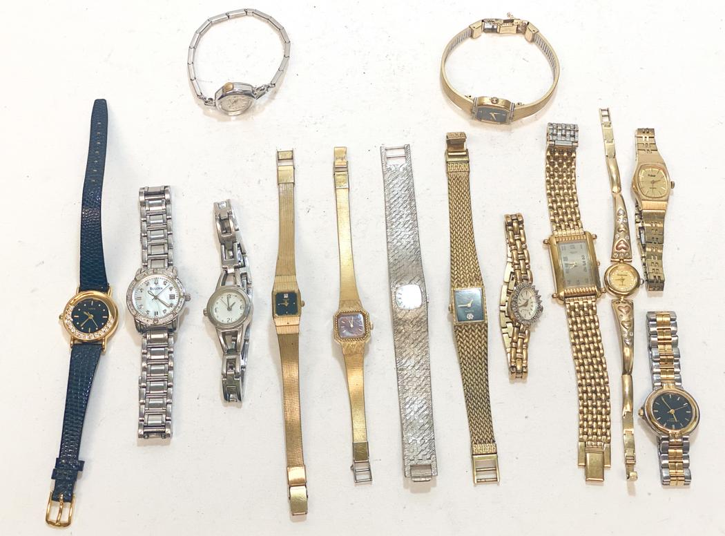Group of 14 Watches Bulova Caravelle: Group of 14 wristwatches. Brands include Bulova and Caravelle