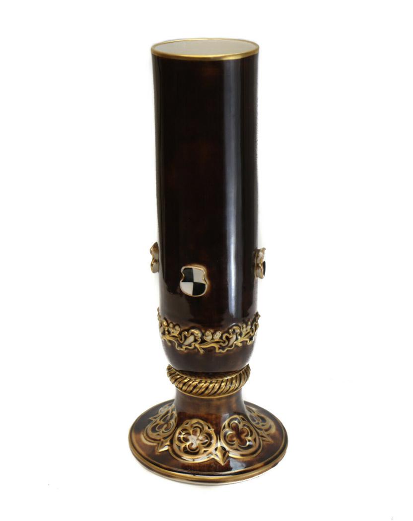 KPM Porcelain and Gilt Vase, Checkered Accents: KPM large hand painted porcelain vase, circa 1850. Brown ground to the vase that mimics tortoise shell. Gilt leaf accents around the rim of the base and applied checkers towards the bottom. KPM mark t