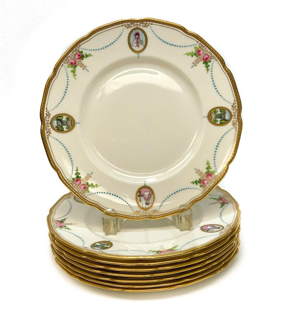 8 Lenox Tiffany Porcelain Luncheon Plates in Virginian: 8 Lenox for Tiffany & Co. hand painted porcelain luncheon plates in Virginian, circa 1910. Hand painted cameos of period era women sewing and drinking tea along with gated landscape scenes. Aqua blue 