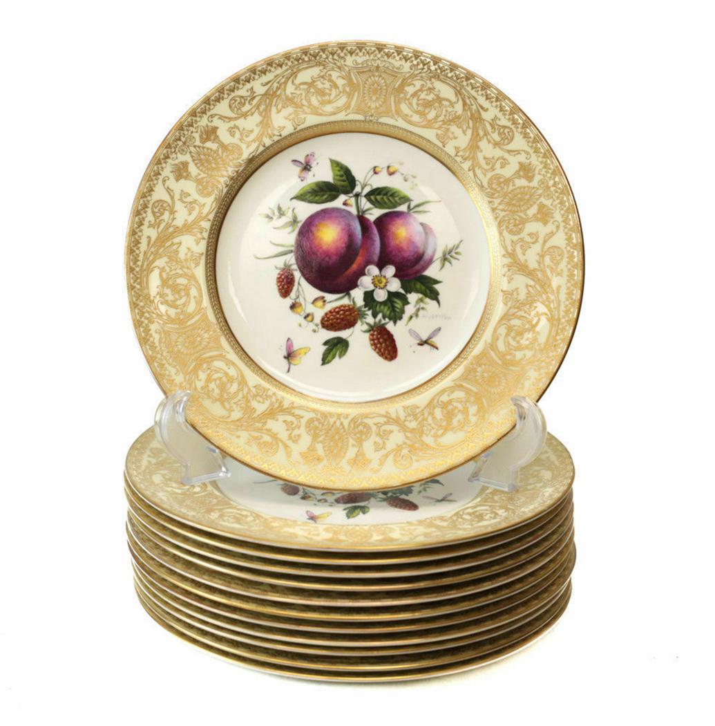 12 Royal Worcester Ayyron Porcelain Cabinet Plates: 12 Royal Worcester Harry Ayyron porcelain cabinet plates, 1955. Beautiful hand painted fruits to the center and signed by the artist, H. Ayyron" to the lower right. Peach ground with gilt foliate scro