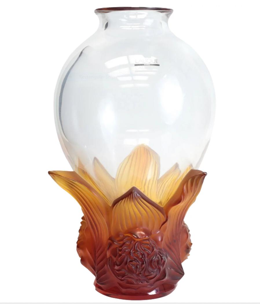 Lalique Crystal Clear & Amber Peonies Vase, Ltd of 99 (1 of 4)