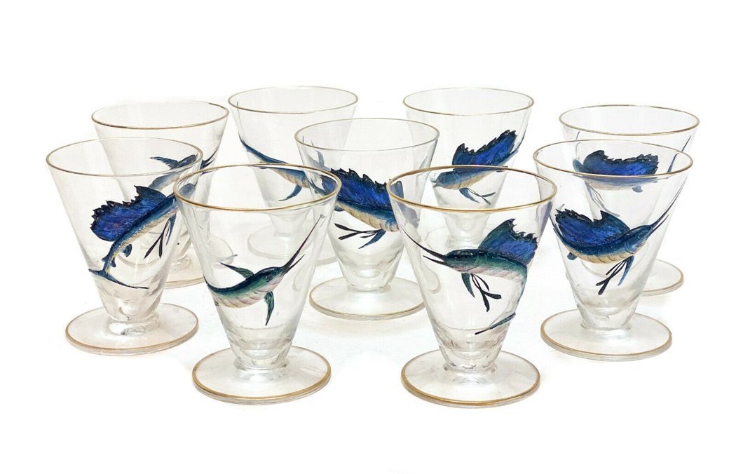 9 American Glass Enamel Swordfish Liquor Goblets (1 of 3)