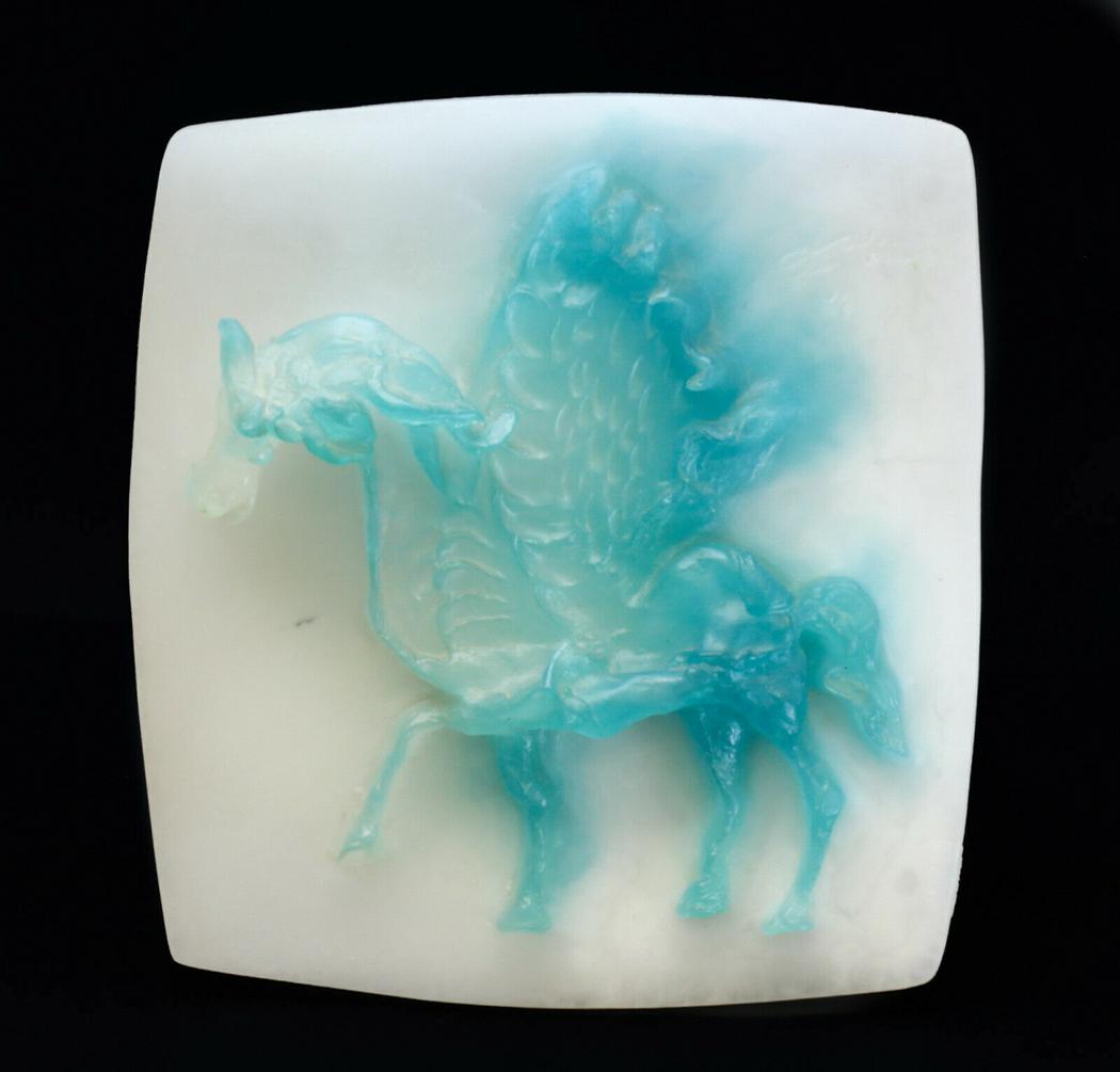 Daum PÃ¢tÃ© Pate de Verre Pegasus Sculpture by Dali: Daum PÃ¢tÃ© de Verre glass Pegasus Sculpture by Salvador Dali. Opaque white to the base with a stunning teal blue to the horse. Etched Dali signature to the upper right. Limited Edition of 250 Wei