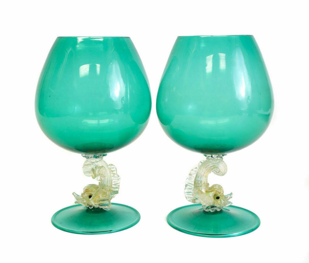 Pair Venetian Green Art Glass Brandy Goblets, c 1950 (1 of 2)