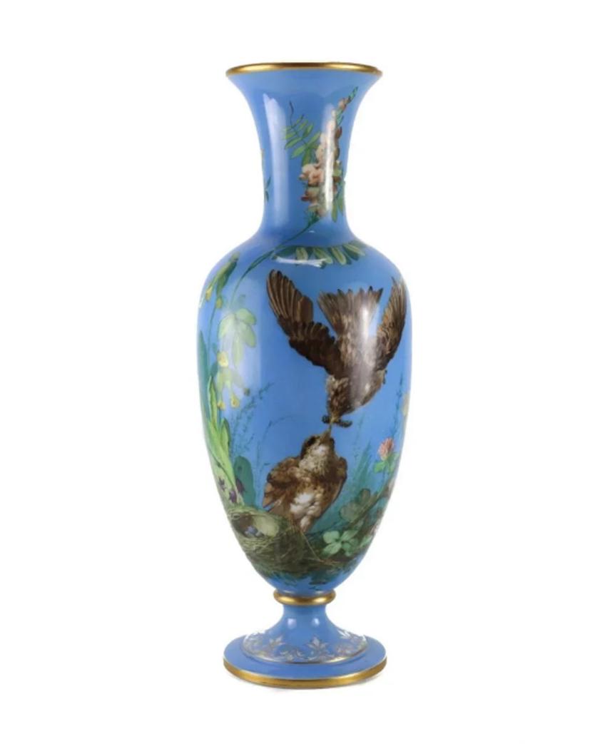 French Opaline Glass Vase Blue Sparrows, c1900 (1 of 4)