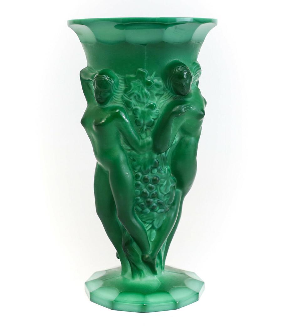 Czechoslovakian Malachite Art Glass Vase, Nude Figures: Czechoslovakian Art Glass Vase - Malachite Colored Glass features raised dimensional nudes. Frosted exterior details contrasts with highly polished interior Measuring Approx., 8.375 inches height Dome