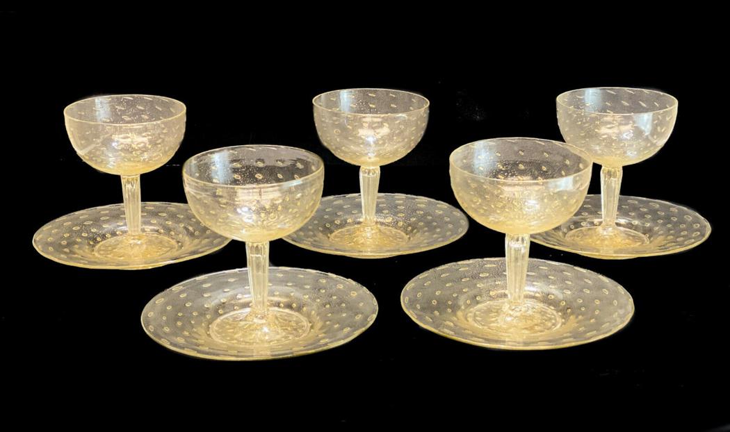 5 Venetian Gold Fleck Sherbet Goblets & Underplates (1 of 4)