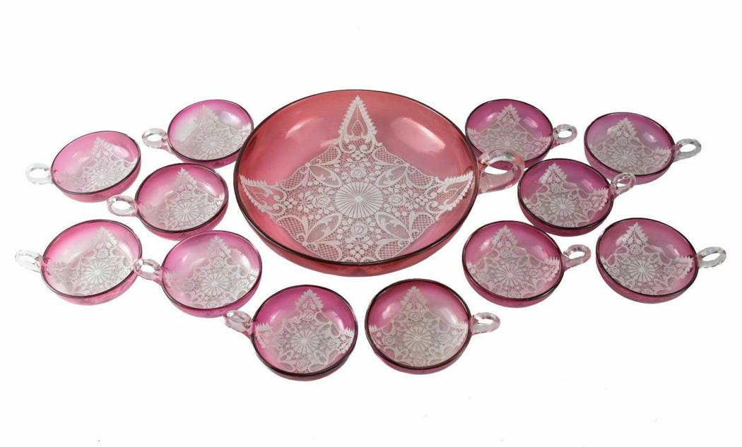 Venetian Lace Enameled Glass Berry Bowl Service for 12 (1 of 3)