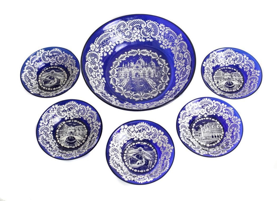 Venetian Lace Enameled Glass Berry Bowl Service for 5 (1 of 4)