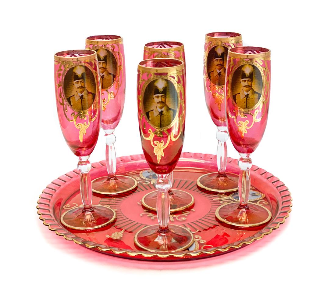 9 Cranberry Red Champagne Goblets & Tray (1 of 6)