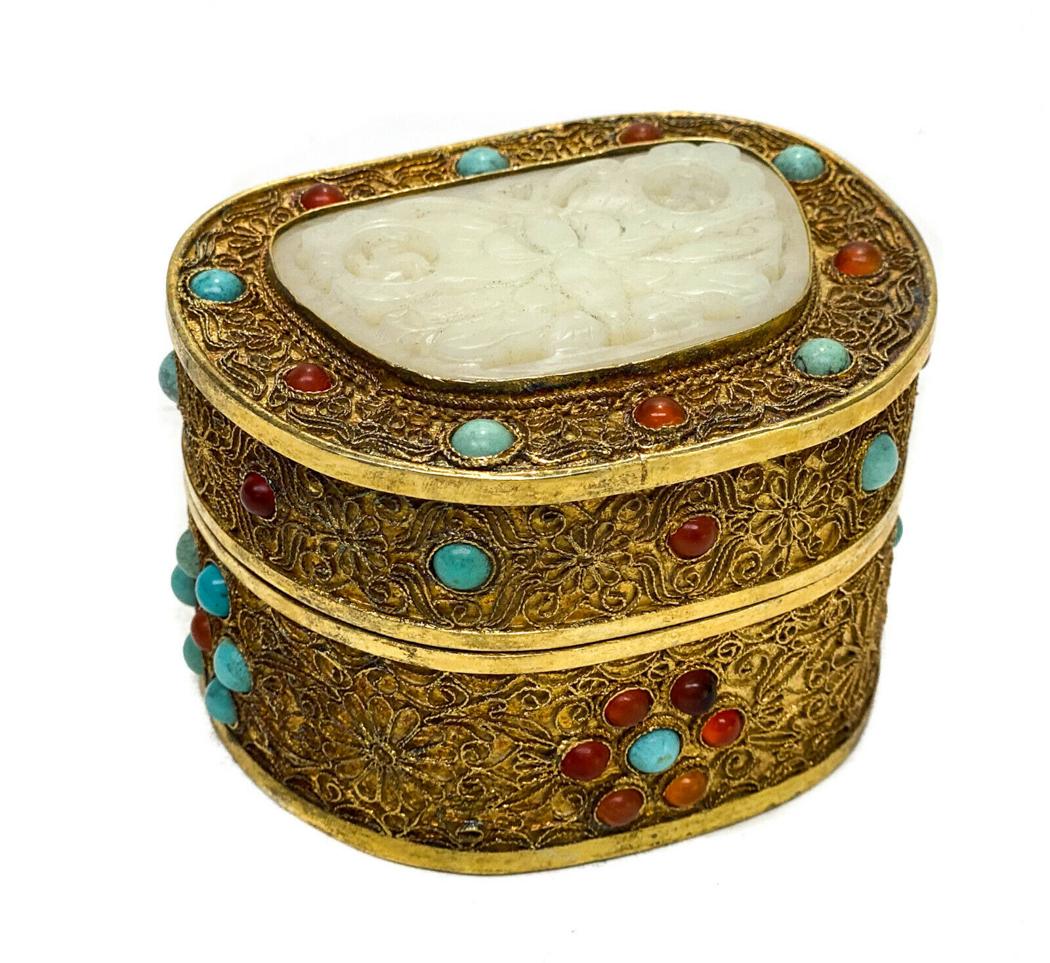 Chinese Gilt Silver Filigree Enamel & Stone Tinket Box (1 of 6)