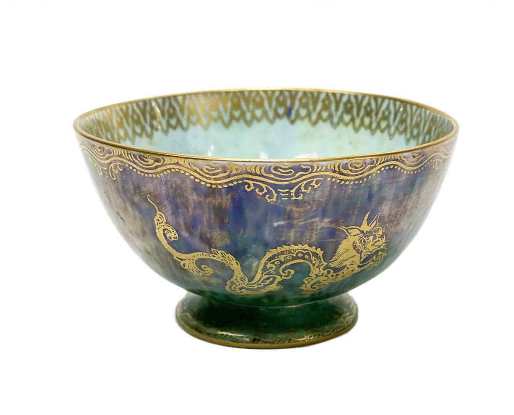 Wedgwood England Luster Porcelain Dragon Bowl, circa: Wedgwood England Luster porcelain dragon bowl, circa 1920. A grey/blue and green ground and Mother of Pearl interior with gilt dragon designs. Wedgwood England mark to the underside base. Weight Appro