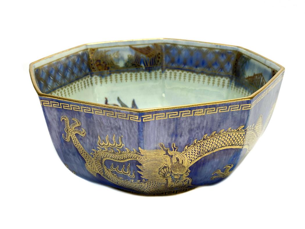 Wedgwood Luster Porcelain Octagonal Lobed Dragon Bowl: Wedgwood England Luster porcelain dragon bowl, circa 1920. Octagonal lobed with a grey/blue ground and Mother of Pearl interior. Gilt dragon decorations throughout. Wedgwood England mark to the unders