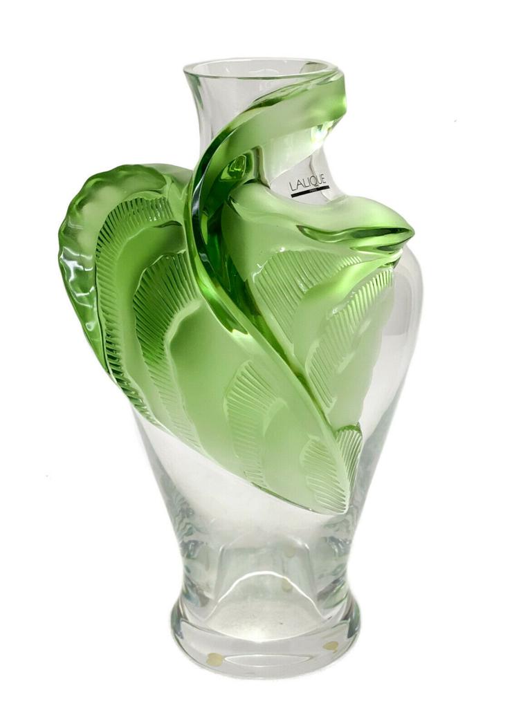 Lalique France Art Glass Tanega Green Leaf Vase (1 of 9)