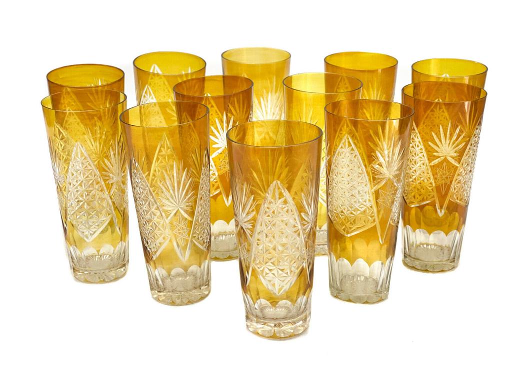 12 Bohemian Amber Glass Cut to Clear Iced Tea Goblets (1 of 3)