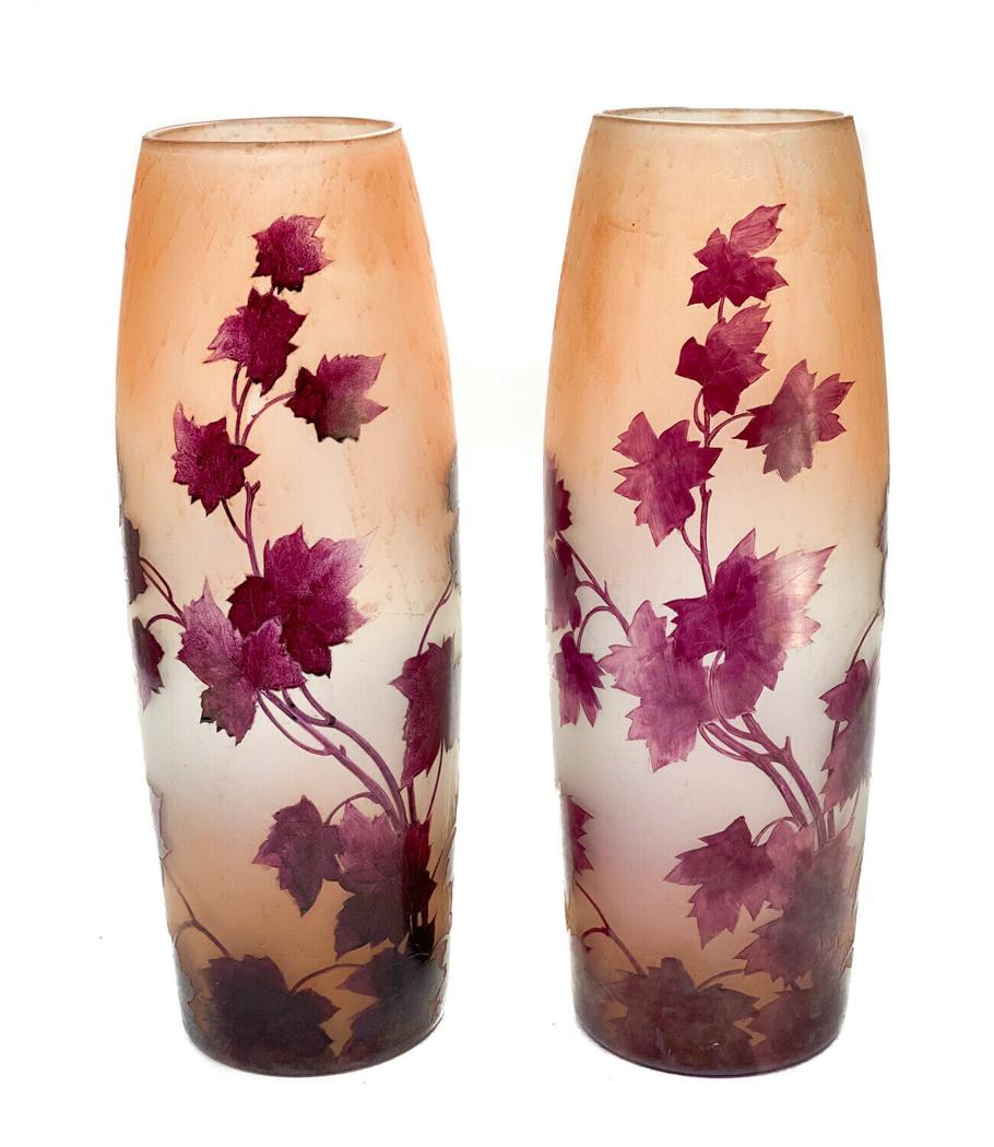 Pair Large Legras Cameo Amethyst Three Tone Glass (1 of 7)