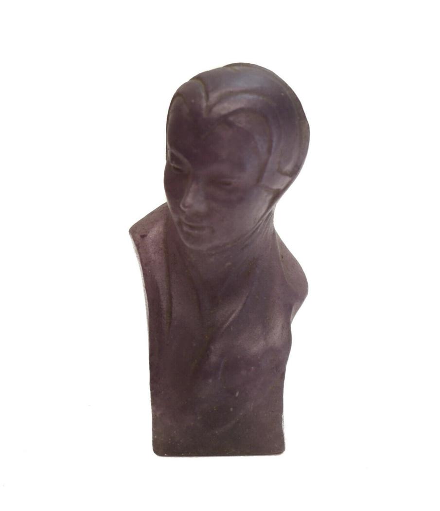 Georges Despret Pate-De-Verre Sculpture, Female Bust: Georges Despret (Belgian 19th Century) purple Pate De Verre art glass sculpture of a female bust. Incised "Despret" to the base of the verso. Weight Approx., 3 lbs Measures Approx., 2.75 inches x 2.25