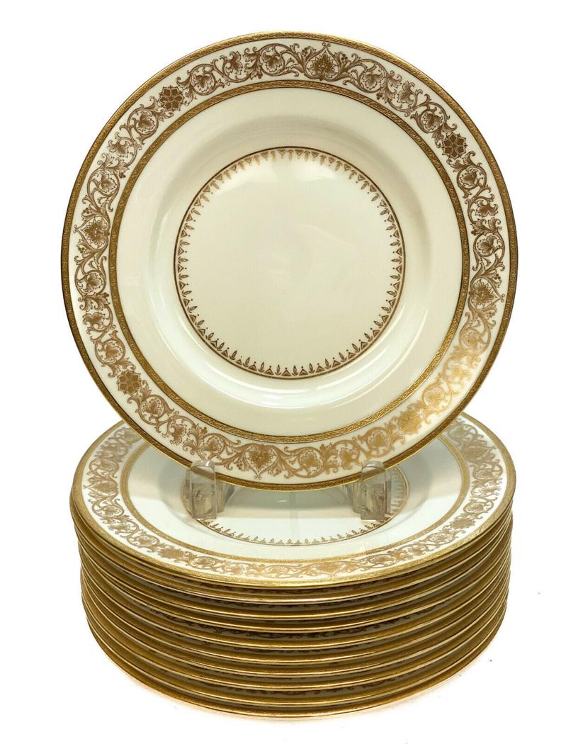 10 Minton England Porcelain 8.75 inch Plates: 10 Minton England porcelain 8.75 inch plates, circa 1900. Gilt leaves and foliate scrolls around the rim and to the interior border. Minton England porcelain marks to the underside. Weight Approx., 10