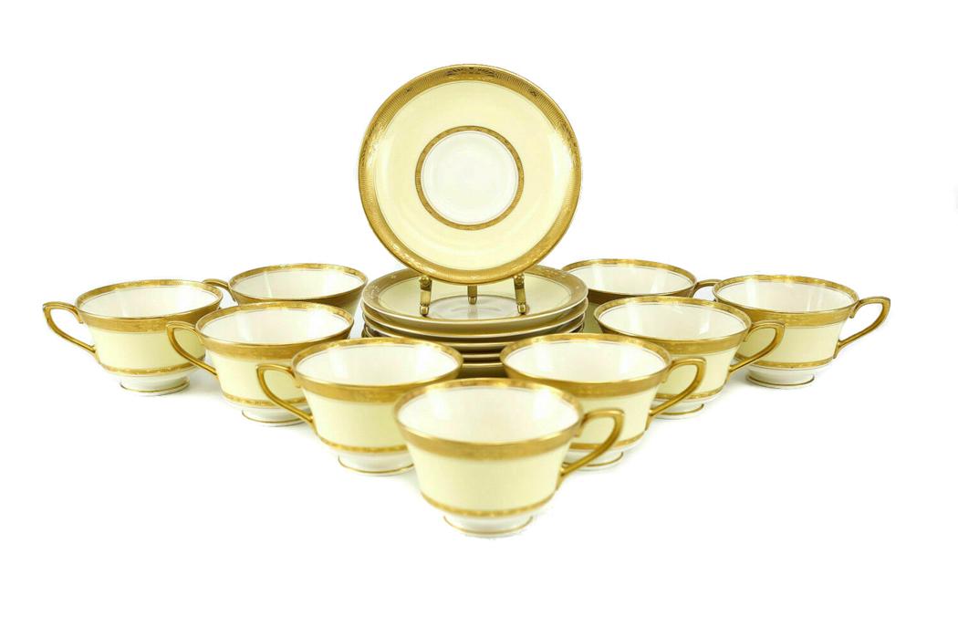 9 Royal Worcester Porcelain Cup and Saucers in Diana: 9 Royal Worcester porcelain cup and saucers in Diana. Gilt to the edges of the rim. Makers mark on the back. Includes 9 cups, 9 saucers. Weight Approx., 5.25 lbs. Measuring approximately; cup: 3.75 in
