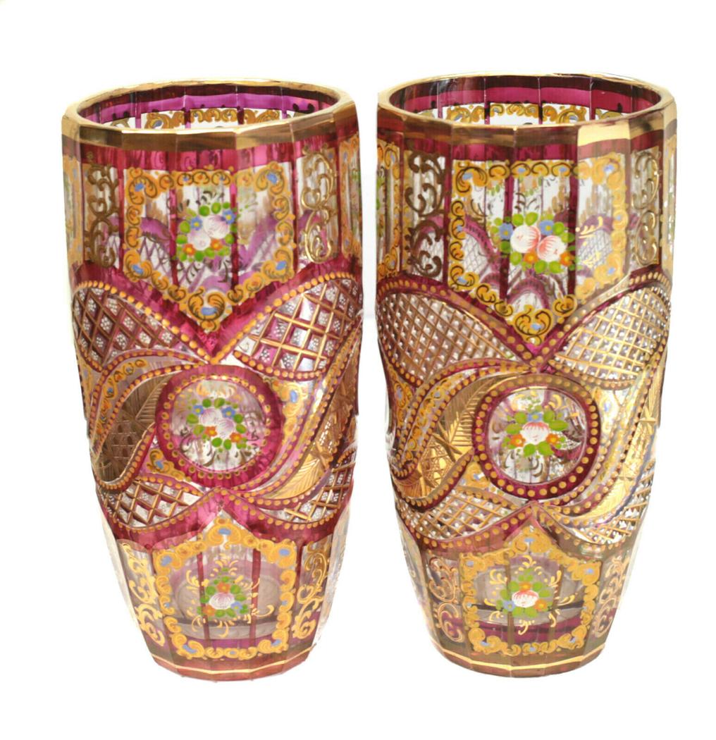Bohemian Cranberry Red Enamel Cut Glass Vases, c1910 (1 of 6)