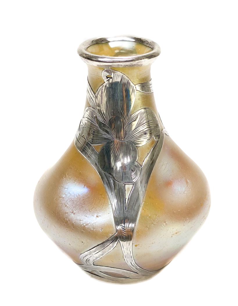 Austrian Art Glass & Silver Overlay Vase- Pinched Sides (1 of 6)