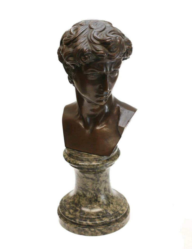 Italian Bronze David Bust Sculpture Spotted Stone Base (1 of 6)