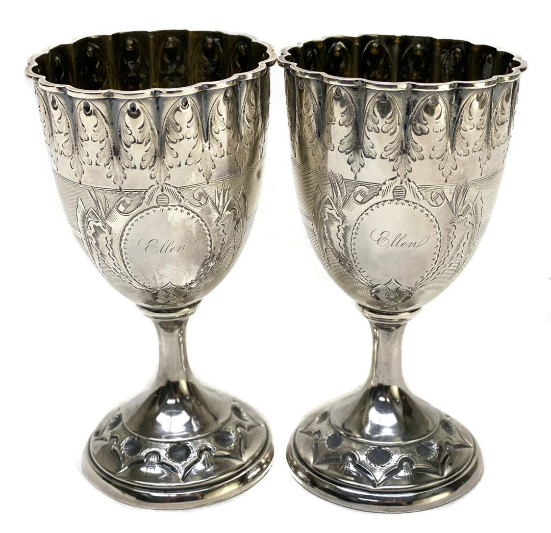 Pair American Coin Silver Scallop Rimmed Goblets (1 of 7)