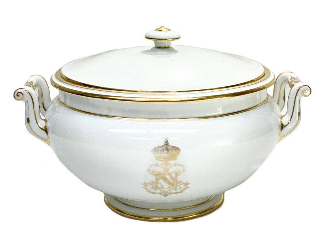Manufacture de Sevres Napoleon Lidded Tureen, 1856: Manufacture de Sevres France Napoleon lidded twin handled round tureen. The central area of the tureen has monogram "N" with a crown for Napoleon Bonaparte Manufacture de Sevres mark to the underside 