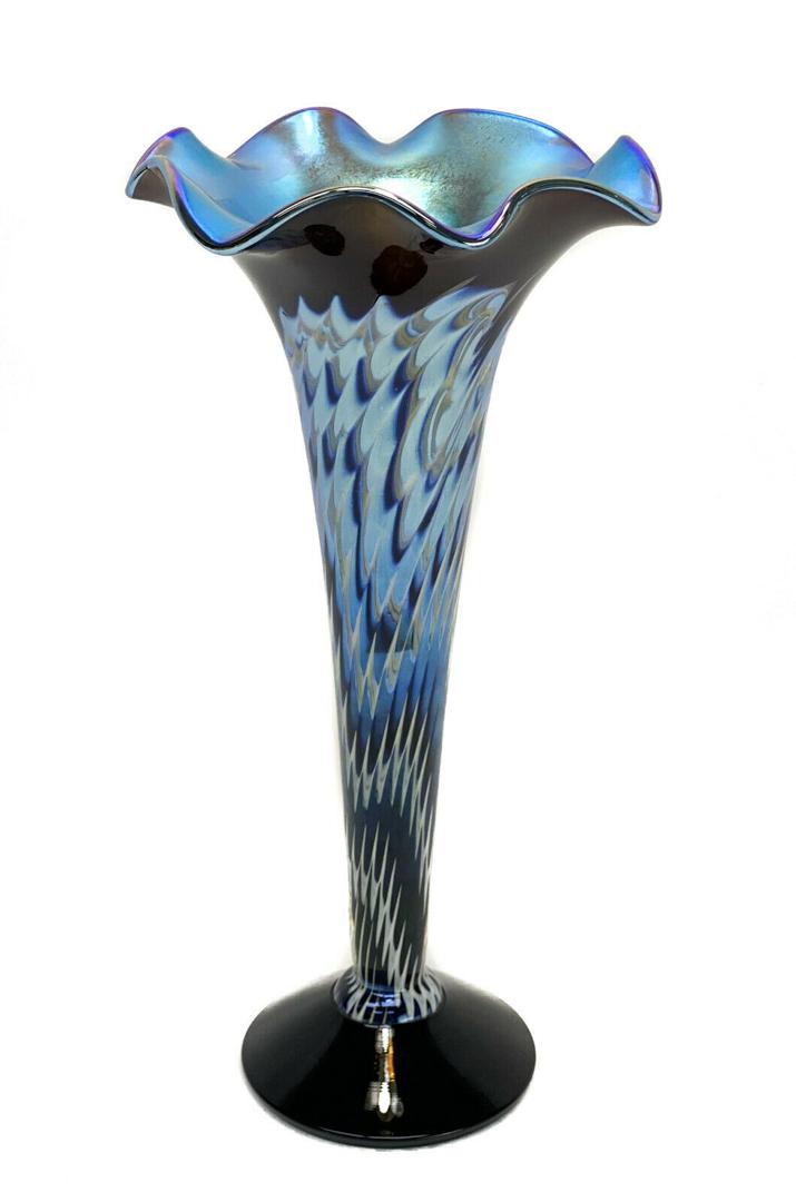 Lundberg Studio Glass Blue Aurene Rippled Trumpet Vase (1 of 5)