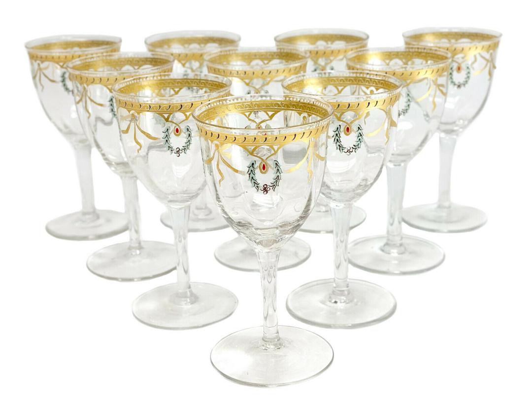 10 Venetian Clear Glass Enamel Wine Goblets- Wreaths: 10 Venetian clear glass enamel wine goblets. Enamel wreaths with gilt laurel swags towards to the top edge. Weight Approx., 3 lbs Measures Approx., 2.5 inches diameter x 5.25 inches tall. Domestic Shi