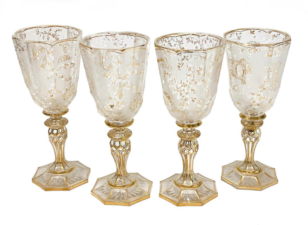 4 Bohemian Intaglio Cut Glass Gilt Wine Goblets: 4 Bohemian intaglio cut frosted & clear glass gilt wine goblets, circa 1900. Octagonal lobed base. Weight Approx., 1 lb Measures approx.: 2.25 inches diameter x 5.75 inches tall