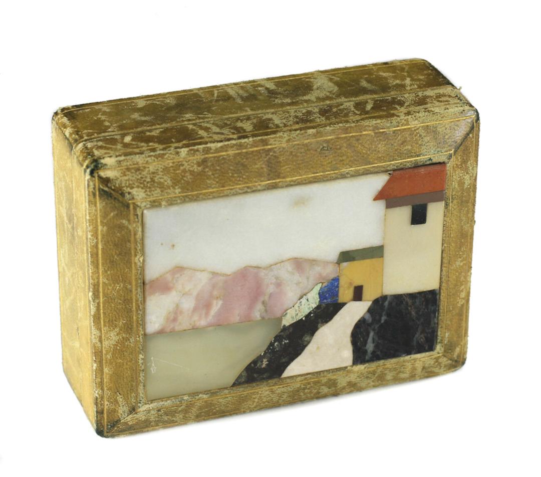 Pietra Dura Stone and Leather Wood Box. Early 20th C (1 of 3)