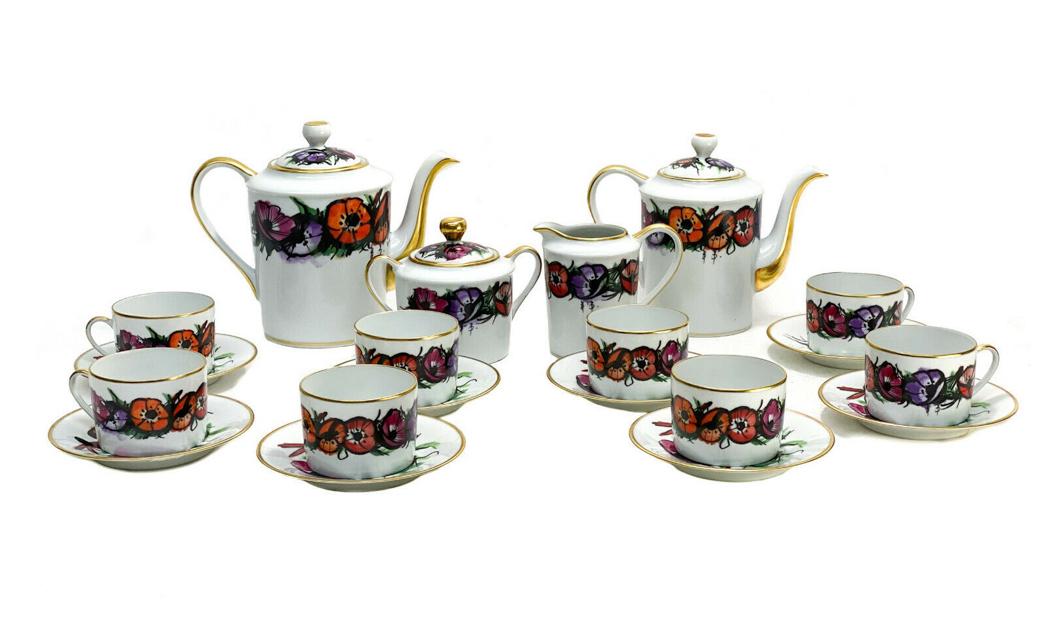 Bernardaud Buffet Limoges Coffee and Tea "Les Anemones": Bernardaud Buffet Limoges porcelain coffee and tea service for 8 in "Les Anemones". Multi-colored flowers throughout with black outlines. Gilt to the the rims. Signed "B.B." for Bernardaud Buffet with