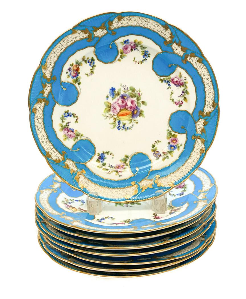 8 Sevres Porcelain Fruit & Floral  Plates, 18th C. (1 of 6)
